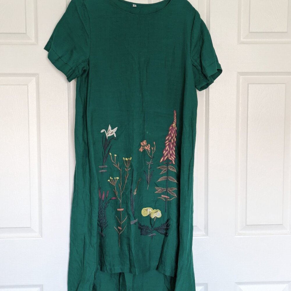 Emerald Green Linen Embroidered Dress Medium
